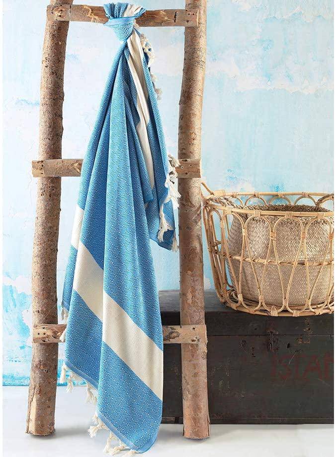 Die Caprie Turkish Towel 100% Cotton Peshtemal Bath Towel 39x78 Thin Lightweight Travel Camping Bath Sauna Beach Gym Pool Blanket Gift Quick Dry Towels (Bath Towel, Blue) - Hammam Linen